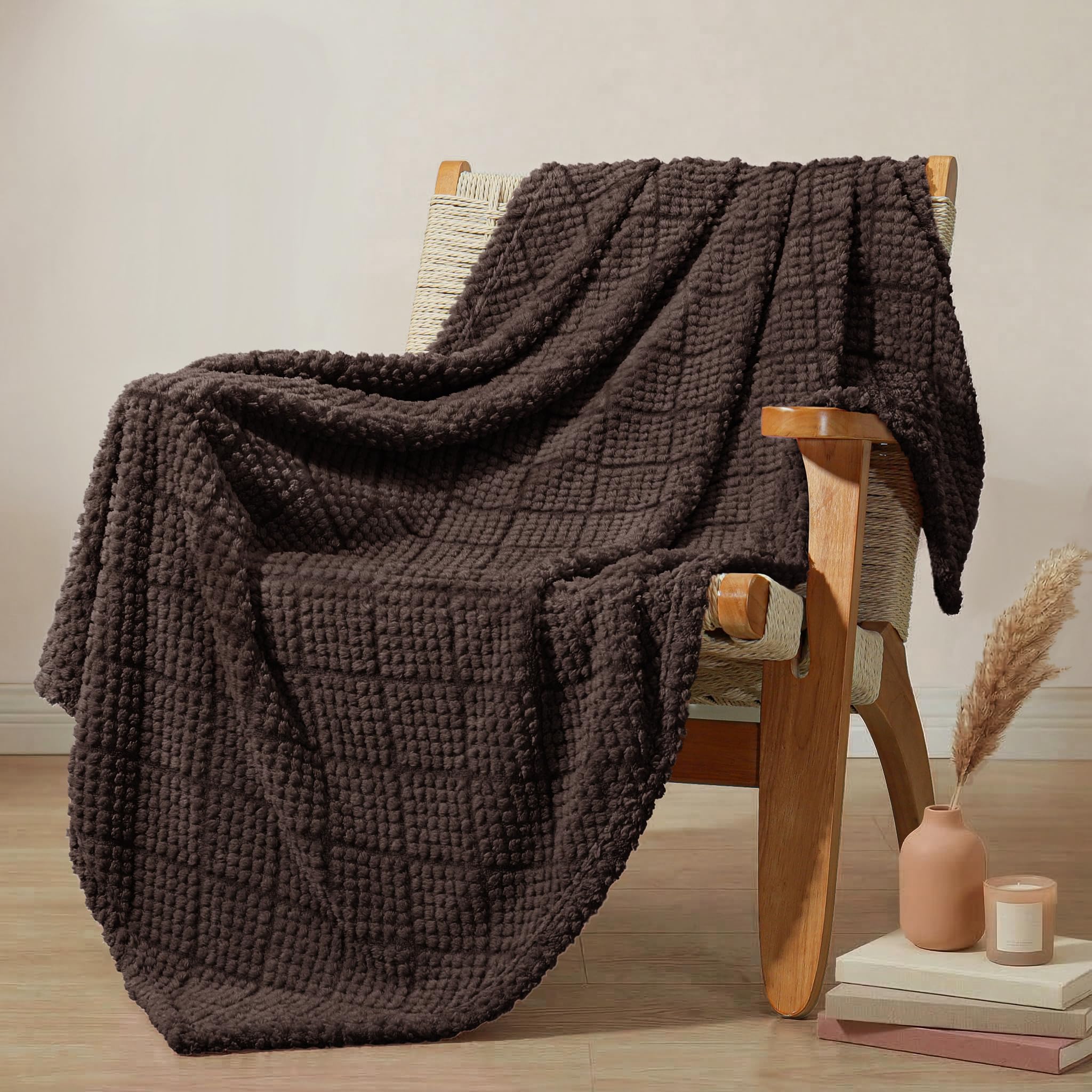 Whale Flotilla Fuzzy Fleece Throw Blanket for Sofa, Couch, Bed, 130x150 CM Soft Fluffy Jacquard Waffle Blankets for All Season, Lightweight and Warm, Coffee