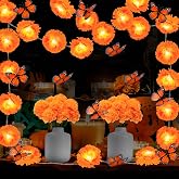 44Pcs Day of the Dead Decorations,Dia de Los Muertos Ofrenda Set for Diwali | Includes 2 Pcs 6.5 FT Lighted Marigold Garlands, 30 Artificial Flowers with Stems, and 12 Butterflies for Altars and Parties