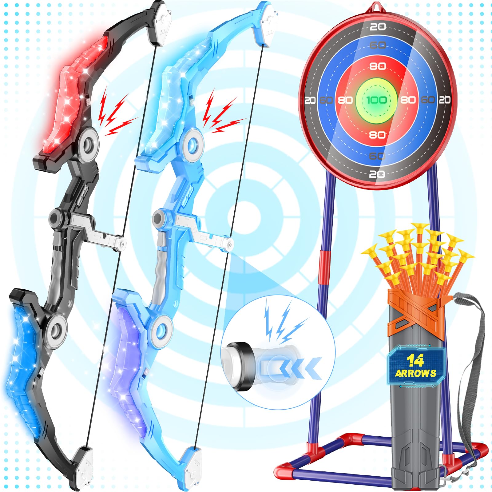 Photo 1 of 2 Pack Kids Bow and Arrow Set with Sound Effects & LED Flash Lights Achery Set, Indoor Outdoor Toys for Ages 4-8 8-12, Birthday Gifts for 3 4 5 6 7 8 9 10 11 12 Year Old Boys Girls Children, Blue