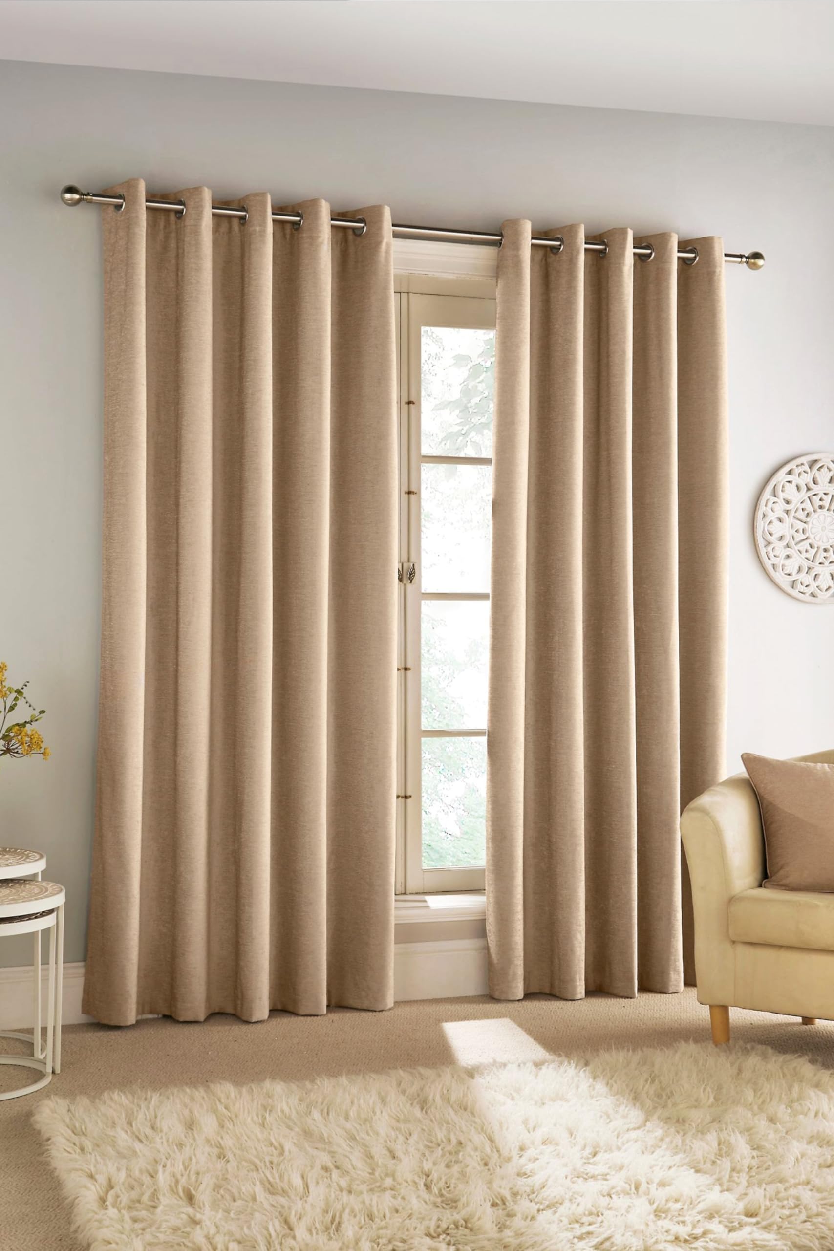 Enhanced Living Savoy Natural Sand Velvet Chenille 100% Blackout Thermal Eyelet Curtains - 66 x 90 inch (168 x 229cm) for Living Room/Bedroom