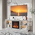 VINGLI Mirrored Fireplace TV Stand for 70" TV, Diamond Entertainment Center with Shelves ＆ 20 Color LED Lights, Media Console Table with 18'' Electric Fireplace for Living Room/Bedroom (Assembled)