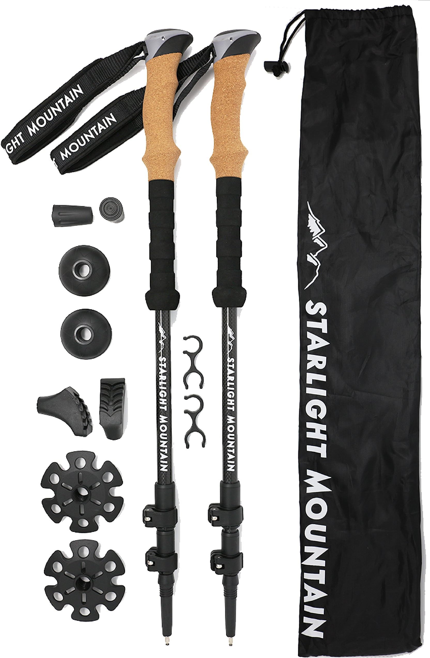 Starlight Mountain Outfitters Trekking Poles – Premium Lightweight Carbon Fiber Collapsible, Adjustable with Quick Flip Locks, Cork Grips, Padded Wrist Straps & Tungsten Tips