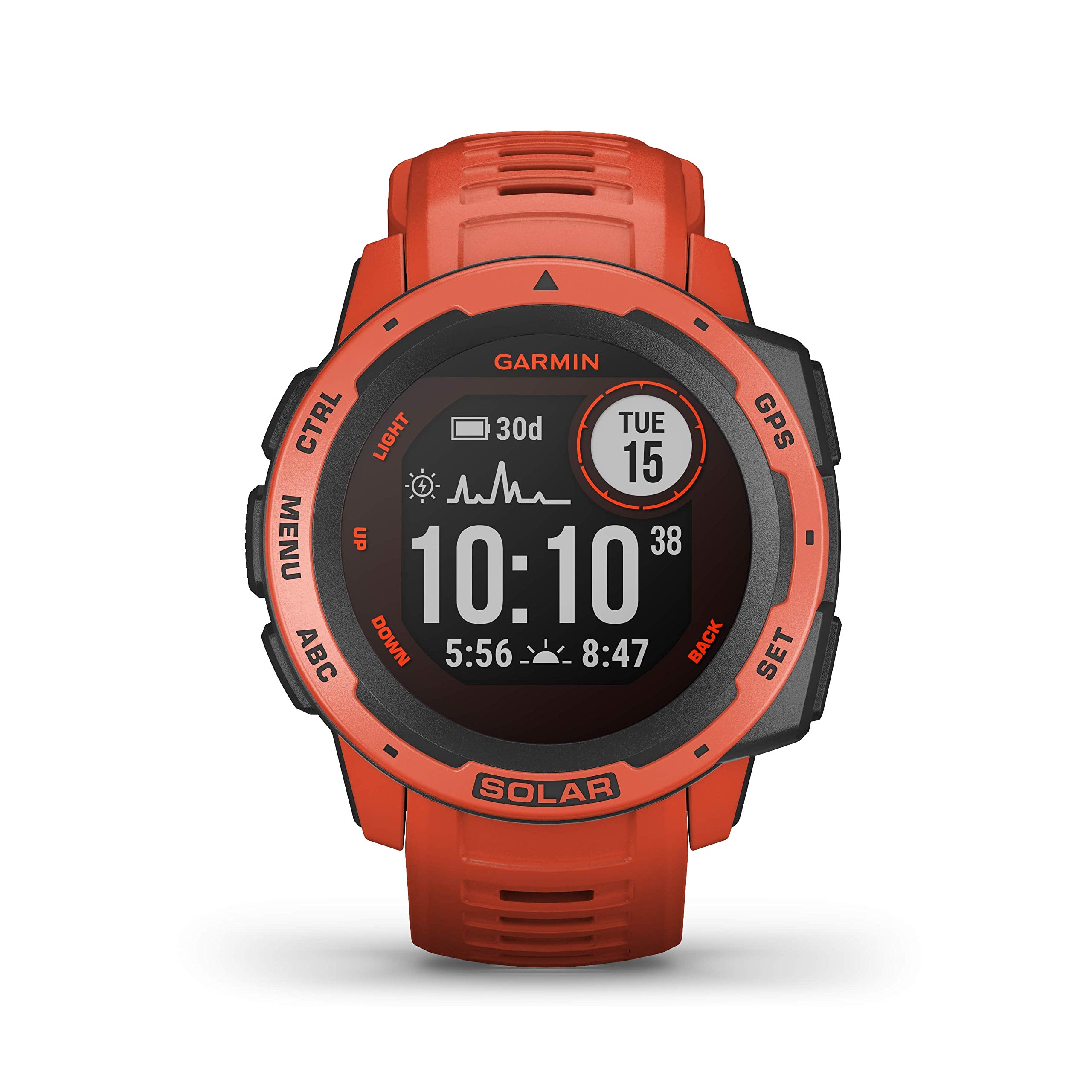 Garmin Instinct SOLAR, Rugged GPS Smartwatch, Built-in Sports Apps and Health Monitoring, Solar Charging and Ultratough Design Features, Flame Red (Renewed)
