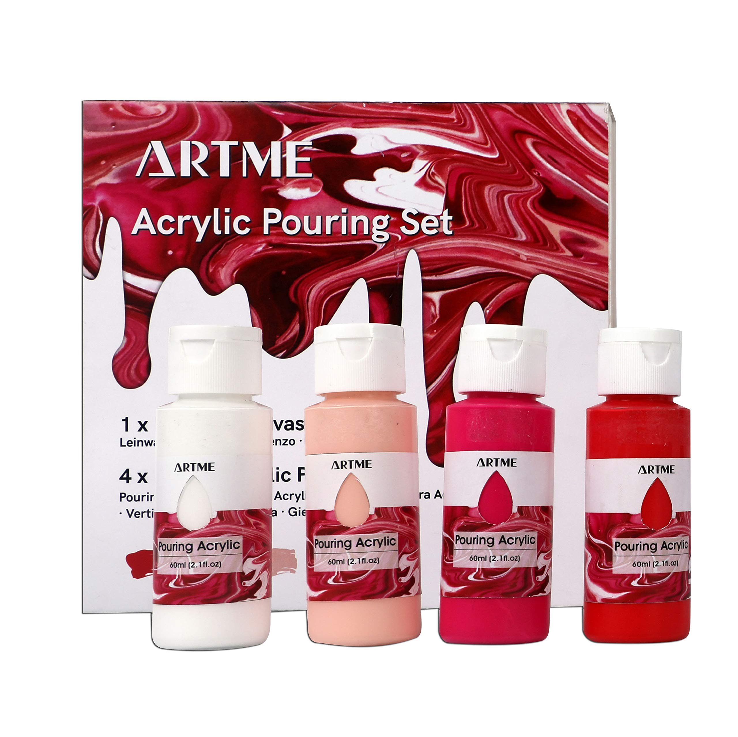 Artme Acrylic Pouring Paint Set - Includes 4 x High Flow Acrylic (60ml), 1 x Canvas (20x20cm) - Beginner Kit, Boost-Up Supplier, Hobby, Starter, Artist, Gifting (Rose Quartz)