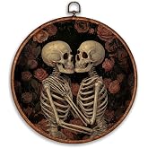 Ebroniah Couple Skeleton Lovers Valentines Round Canvas Wall Art, Vintage Skull Floral Rose Wall Decor Framed Hanging for Living Room Wedding Wife,Gothic Pictures Art Prints Artwork for Bedroom 10inch