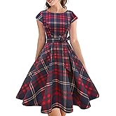PUKAVT Women's 1950 Boatneck Cap Sleeve Vintage Swing Cocktail Party Dress with Pockets