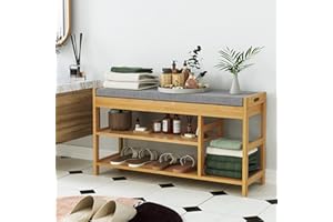 HIFIT Bamboo Shoe Bench Rack with Storage, Entryway Storage Bench with Padded Seat, Shoe Oiganizer Shelf for Entryway Mudroom Bathroom Hallway, Natural