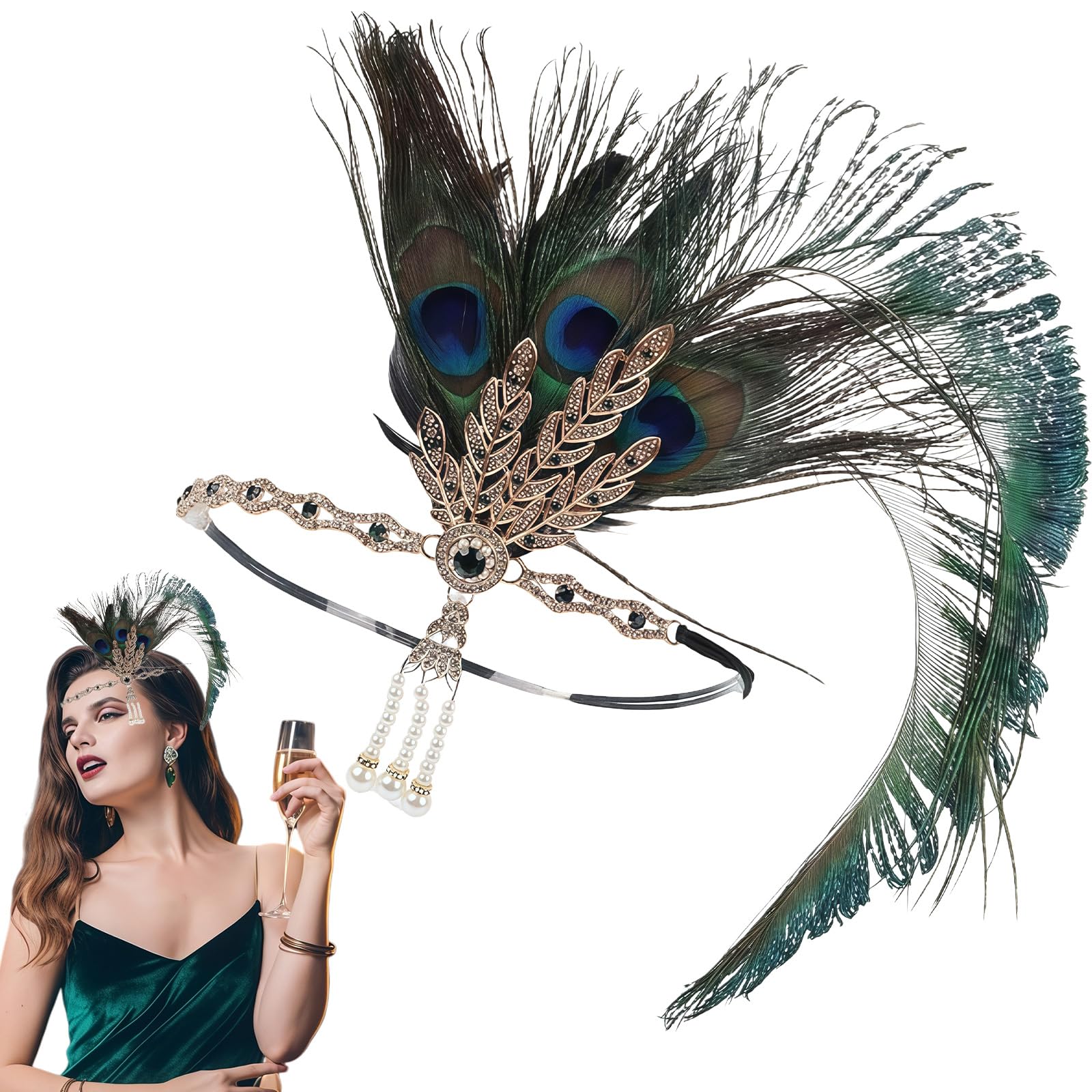 aieieii 1920s Headband Flapper Headpiece, 1920s Accessories for Women Flapper Headband, Peacock Costume Feather Headbands Suitable for Retro Themed Parties Dances Stage Performances
