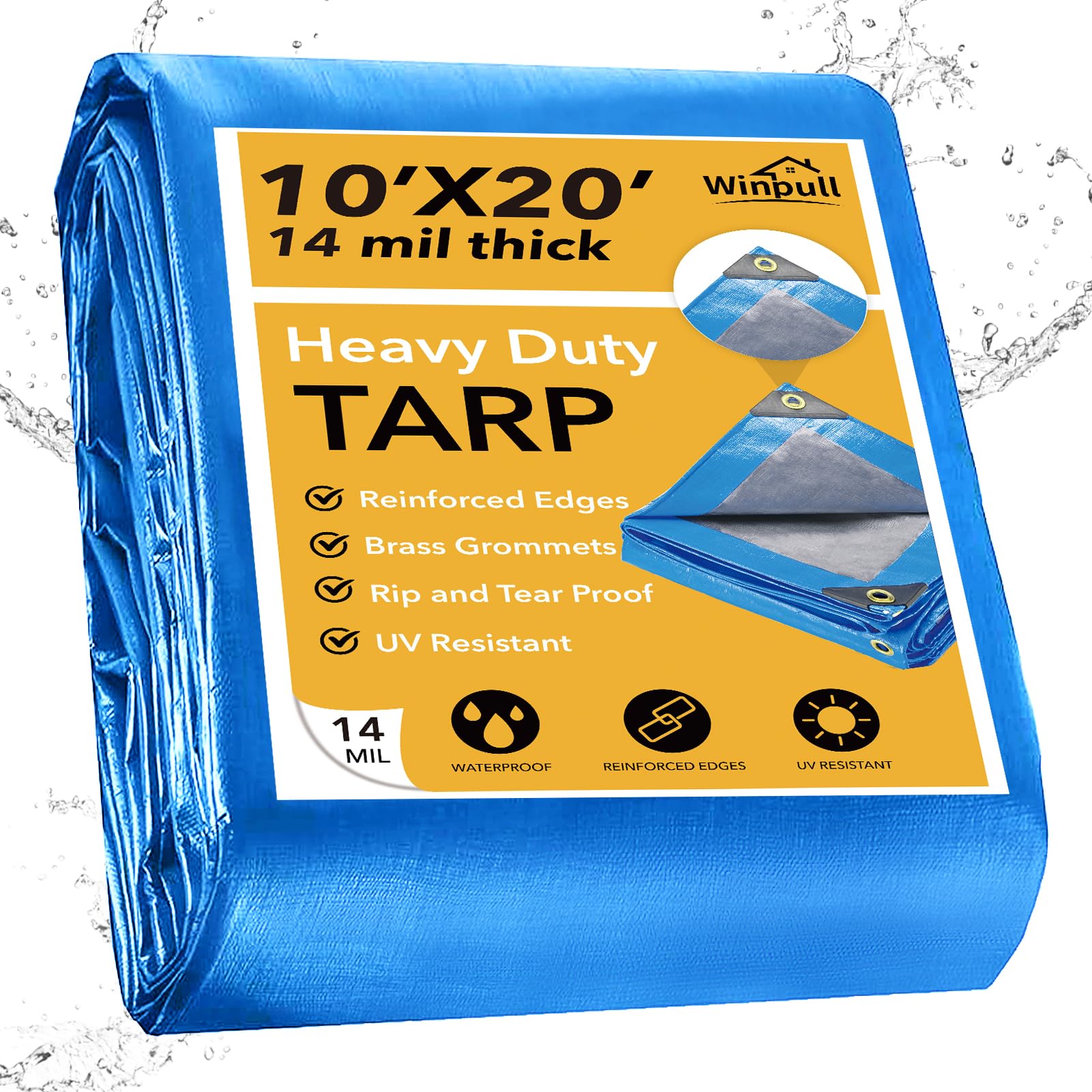 Winpull Tarp 10x20 Feet 14 Mil Heavy Duty Waterproof Tarp, Large Multipurpose Cover with Brass Grommets and Reinforced Edges, UV Resistant Thick Poly Tarps for Outdoor Camping Tent Pool Car, Blue Image