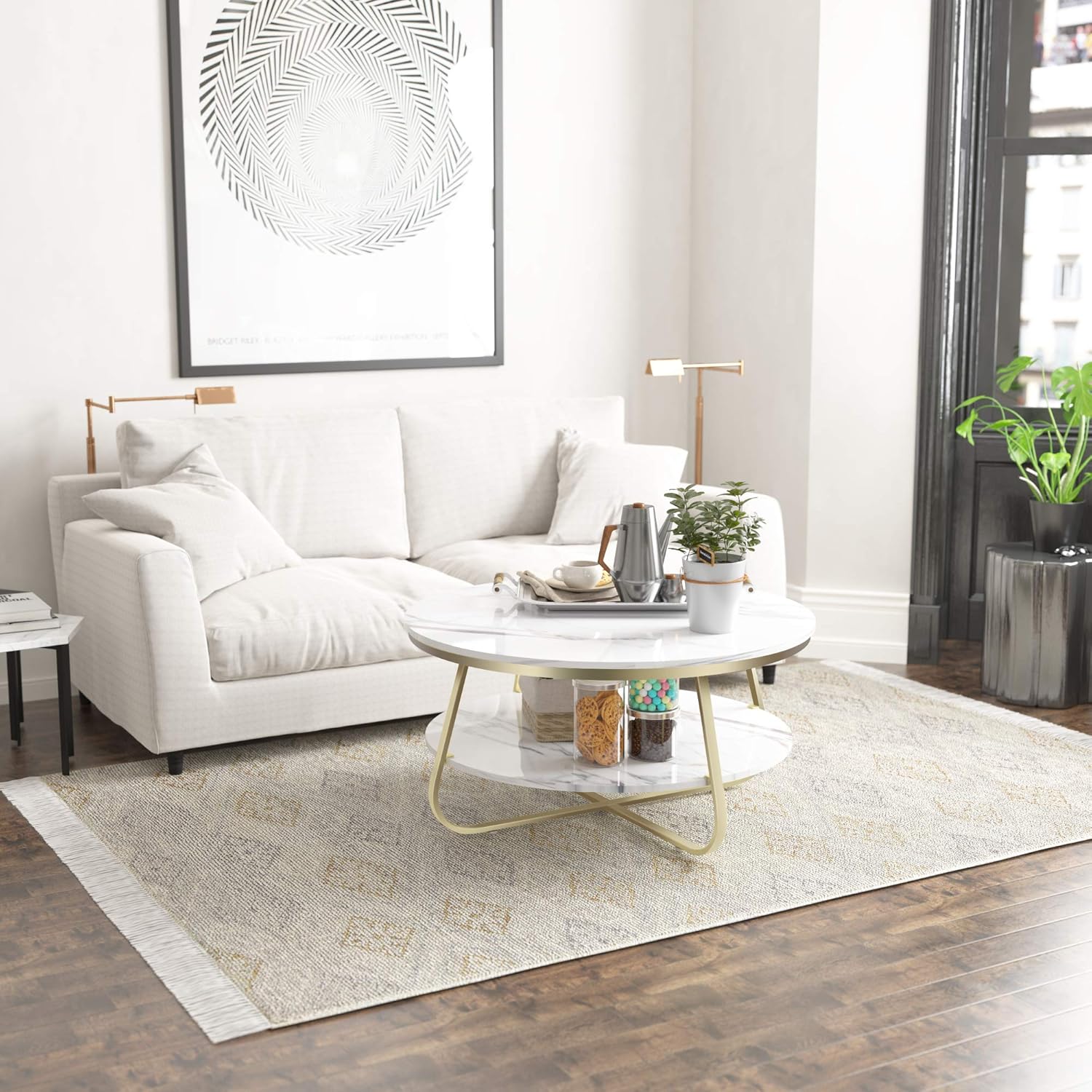 Elephance Round Coffee Table with Storage, 35.8 Inch Rustic Wood Coffee Table with Strong Metal Frame for Living Room, Dining Room, Cocktail Table, Round Sofa Table (White): Kitchen & Dining