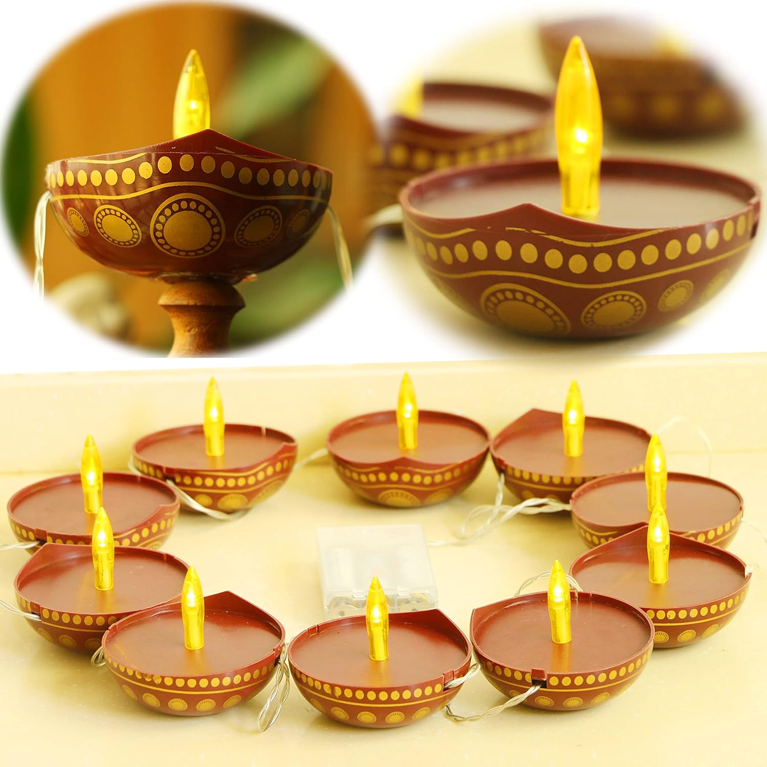 Oil Lamps & Accessories - BangBangDa Diwali Diya Diwali Gifts - 7.25ft LED Diwali Decor Festival Diya Tea Lights Decoration Battery Operated Diya Indian Hindu Pooja Room Light Indoor Ourdoor Home Office Mandir Puja Items