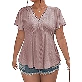 Eytino Womens Plus Size Tops Lace Crochet V Neck Short Sleeve Eyelet Blouse Loose Casual Summer Peplum Shirts(1X-5X)