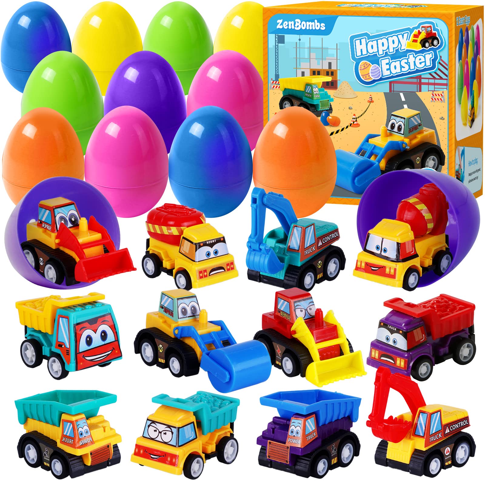 ZenBombs Easter Eggs Plastic Filled with Pull-Back Engineering Toys Gift for Easter Eggs Hunt, Birthday Party for Kids Over 3 Years Old 12-Pack
