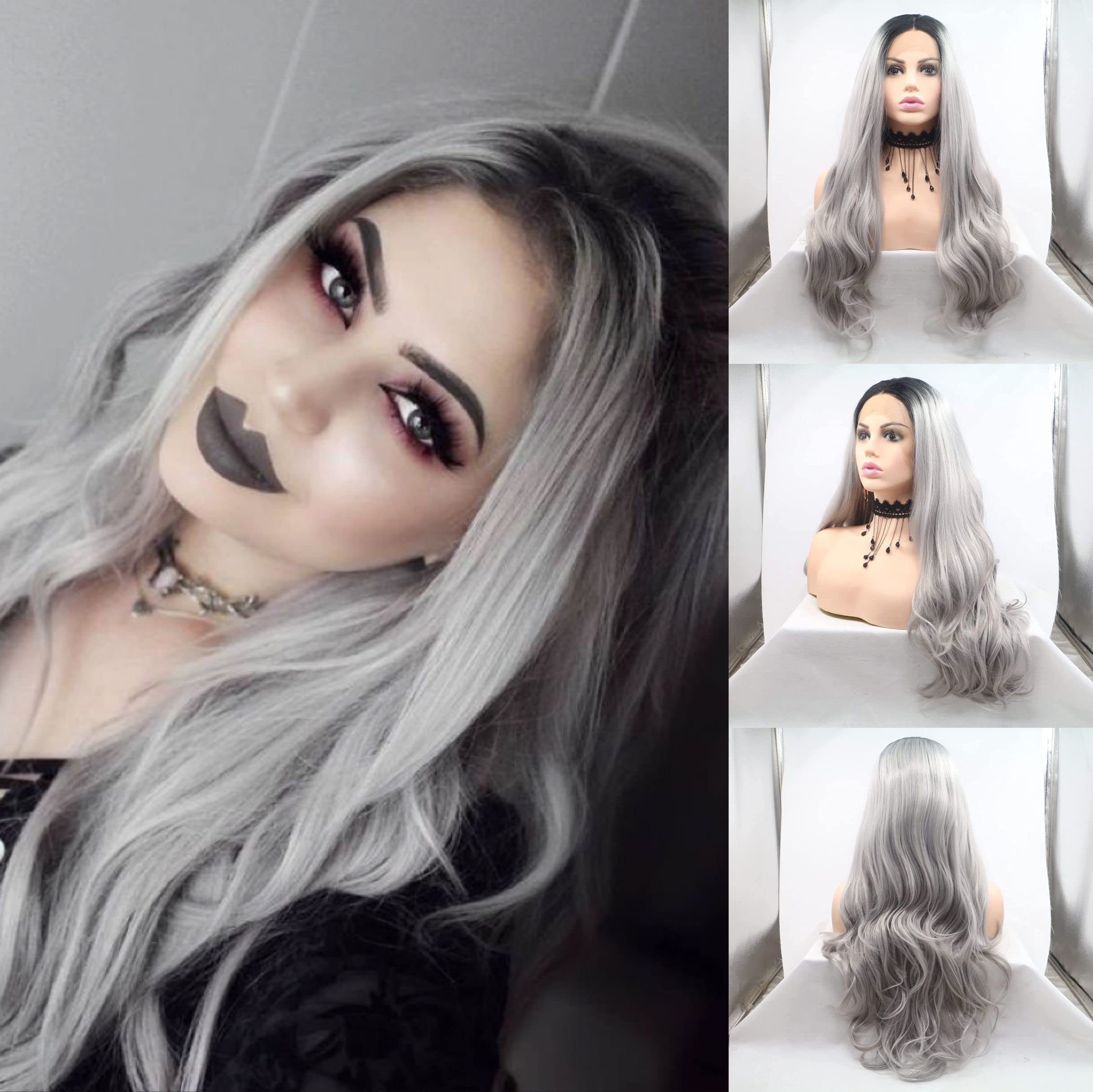 RainaHair Ombre Gray 2 Tones Synthetic Lace Front Wig Dark Roots Long Loose Wave Silver Grey Replacement Hair Wigs For Women Heat Resistant Fiber Hair 24 Inch