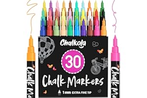 CHALKOLA Extra Fine Tip Liquid Chalk Markers for Blackboard (30 Pack 1mm) Pastel + Neon Chalk Pens - Erasable Dry Erase Marker for Chalkboard, Blackboards, Window, Bistro, Car - Fine Tip Chalkboard Markers