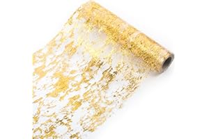ROORUZ Ohanniewa Gold Table Runner 11 Inch x 16 Feet Glitter Metallic Gold Mesh Table Runner Roll Table Decorations for Wedding, Birthday, Banquet, Christmas