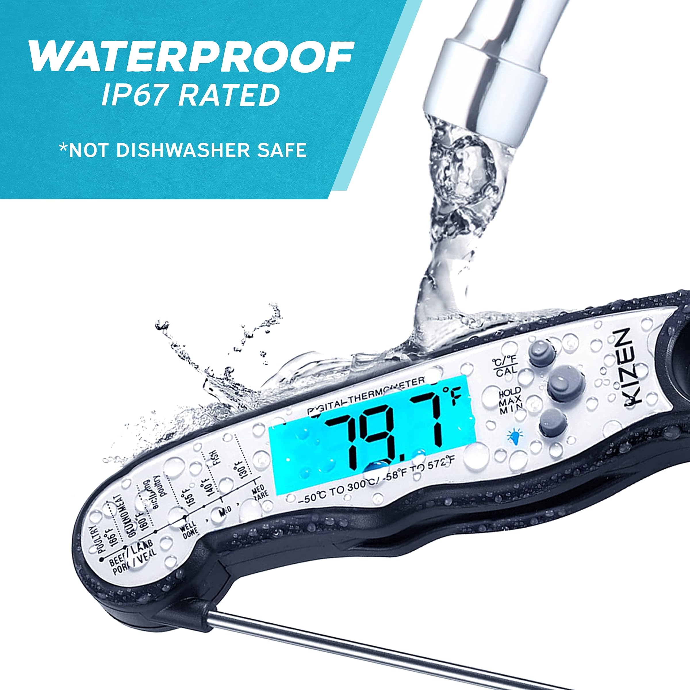 Kizen Instant Read Meat Thermometer - Best Waterproof Ultra Fast Thermometer with Backlight & Adjustable Function, Kizen Digital Food Thermometer for Kitchen, Outdoor, Cooking, BBQ, Grilling!