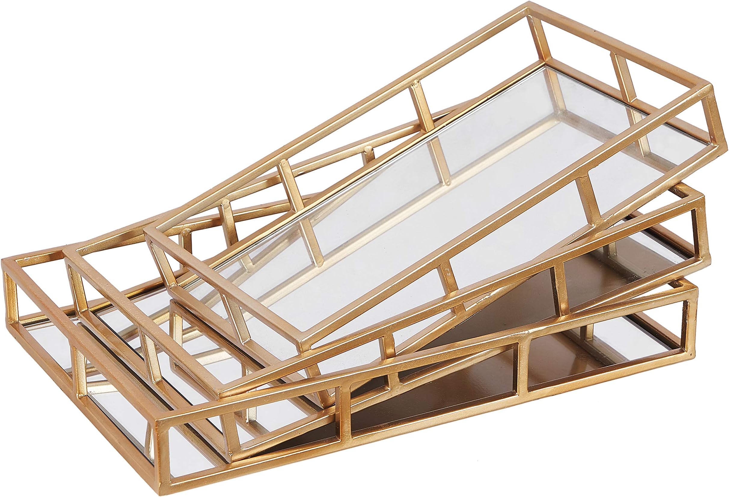 3 Pcs Nesting Gold Mirror Tray, Decorative Jewelry Perfume Trays for Vanity, Dresser, Bathroom, Bedroom Display, can Hold Cosmetics, Makeup, Magazine