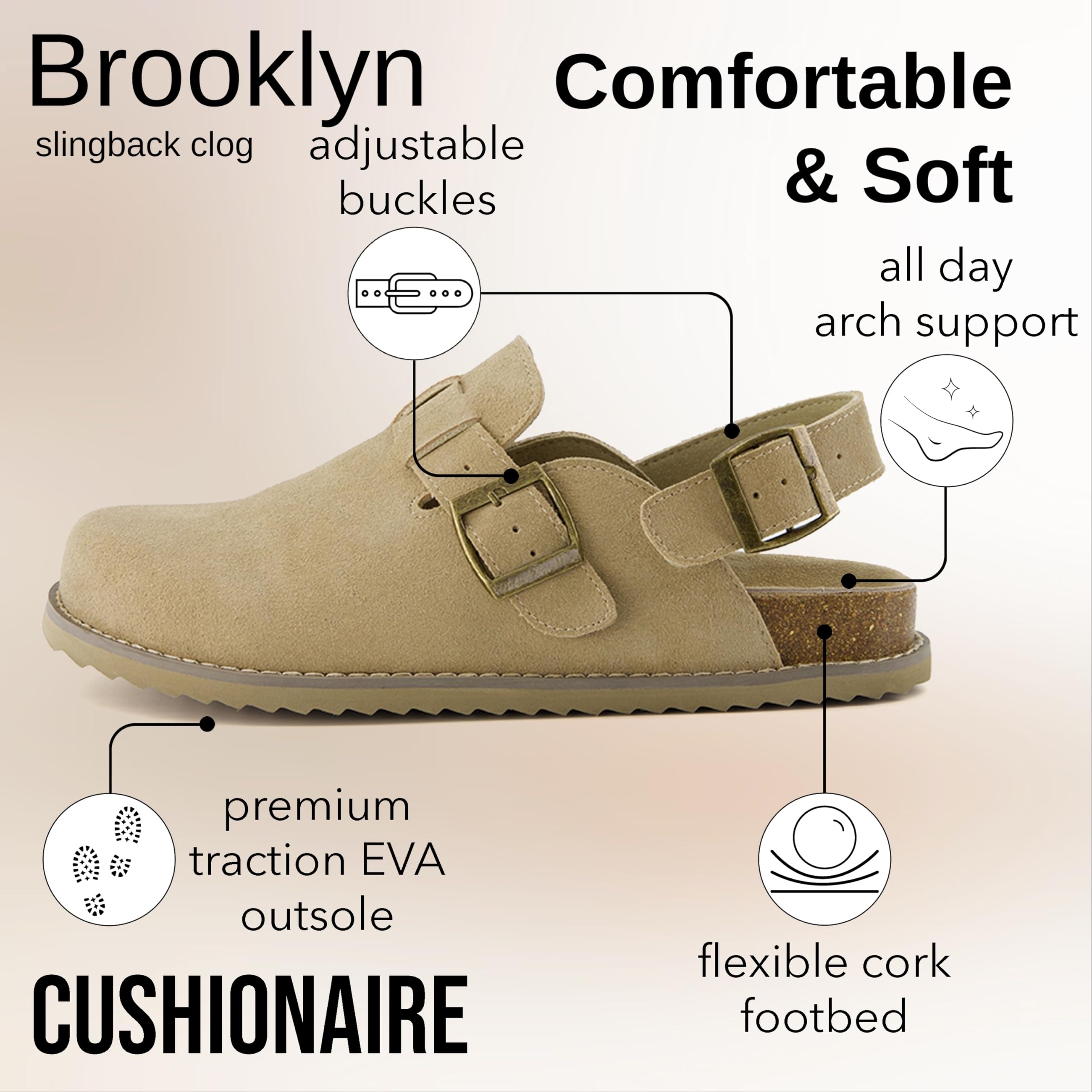 CUSHIONAIRE Brooklyn Suede Womens Slides– Comfortable Clog Mules with Adjustable Buckles – Summer Shoes for Women