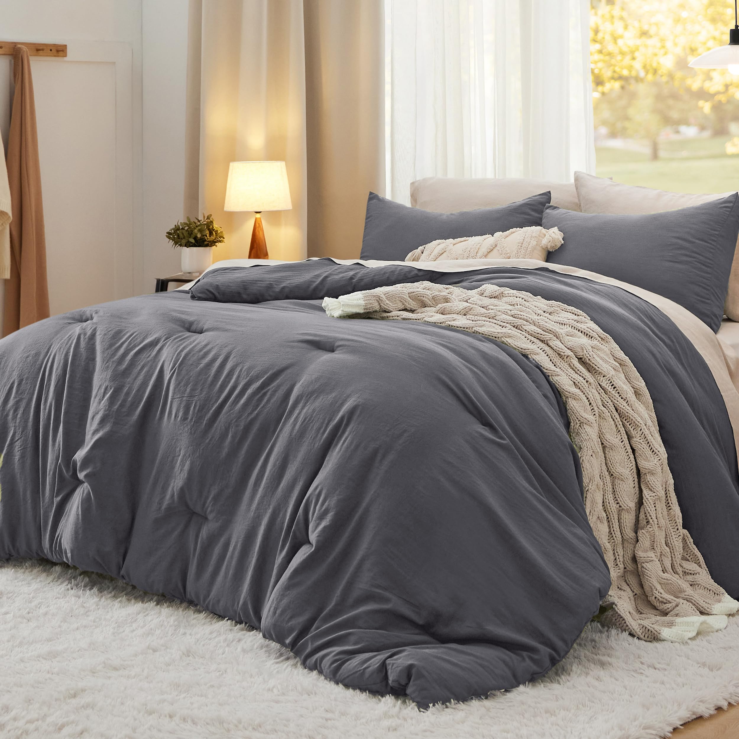 Photo 1 of Bedsure Queen Size Comforter Set, Dark Grey Soft Prewashed Bedding for All Seasons, 3 Pieces GentleSoft™ Warm Down Alternative Bed Set, 1 Lightweight Comforter (90"x90") and 2 Pillowcases (20"x26")