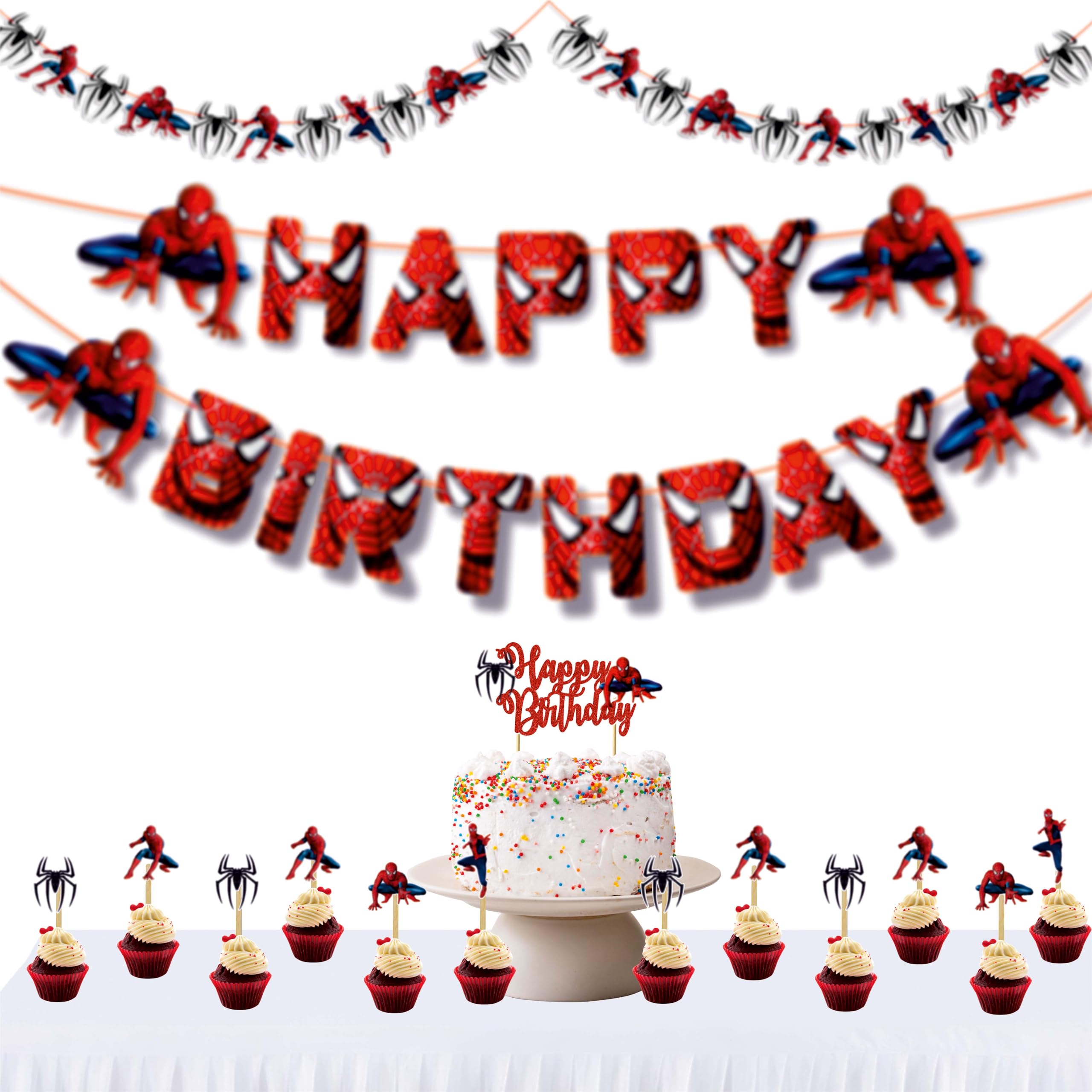 Photo 1 of "Spidrman Theme Birthday Party Supplies – Complete Party Decoration Set with Happy Birthday Banner, Cake Topper, Cupcake Toppers, and Party Accessories – Boys Girls Superhero Birthday Décor"