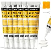 LISRUX Advanced White Silicone Caulk for Kitchen &amp; Bathroom - 6 Pack (3.2 Fl Oz Each) | 100% Waterproof Silicone Sealant | Super Strong Adhesion, Shrink &amp; Crack Proof
