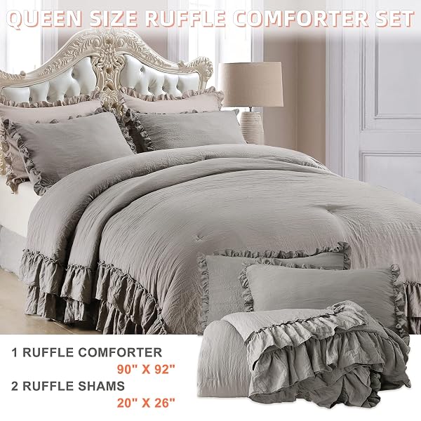 QSH SHABBY GREY RUFFLED CHIC COMFORTER QUEEN SIZE, FARMHOUSE BOHO BEDDING COMFORTER SETS, 3 PIECES ALL SEASON MICROFIBER INNER FILL BEDDING, ULTRA SOFT LIGHTWEIGHT COMFORTER QUEEN FOR BED