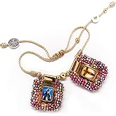 Scapular Bracelet Embroidered Handmade Sacred Heart of Jesus, Holy Virgin, Virgin Guadalupe & St. Michael Archangel Gold Frame Rainbow Beads 2,5x3cm by Zaraleas