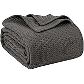 100% Cotton Blankets Queen Size for Bed - Waffle Weave Blankets for Summer, Lightweight and Breathable Soft Woven Blanket for Spring, White, 90x90 Inches (Dark Grey, Queen (90" x 90"))
