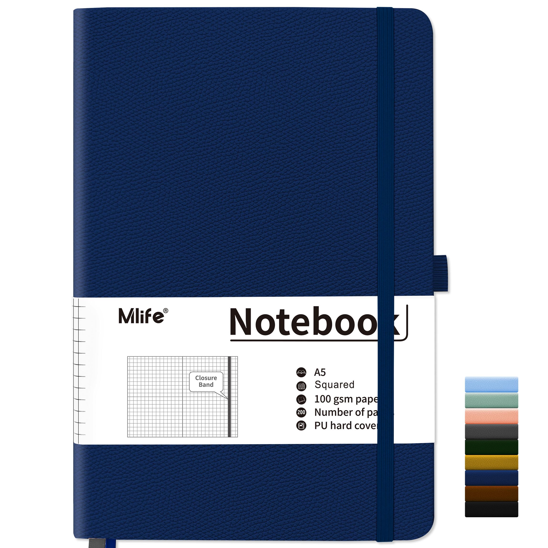 Mlife Squared Notebook A5,Journal Notebooks With 200 Pages,100gsm No Bleed Grid Notebook Pages,PU Hard Cover,Graph Paper Notebook for Graphing Notes Math,Notepad for Women Men School Office- Blue