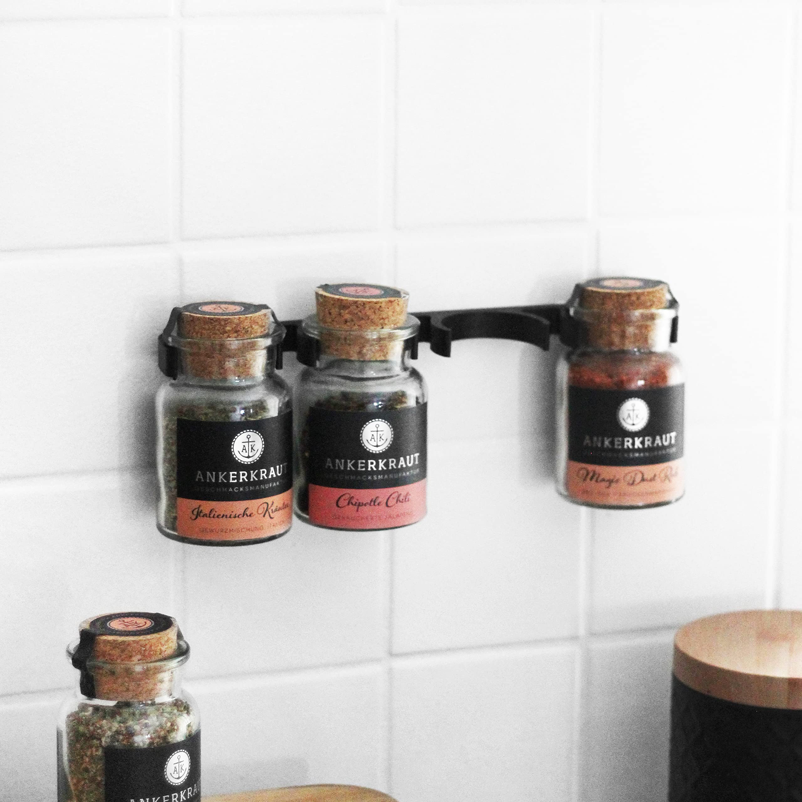 Anchor Herb Spice Rack - Holds 4 Spice Jars - Hanging - Cupboard Door or Wall - Includes Screws/Dowels - Floating Rack / Hanging Spice Jars (Black)