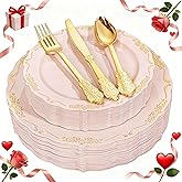 DaYammi 150Pcs Pink Plastic Plates with Gold Rimmed & Gold Silverware,Pink Disposable Plates for Party Include 30 Dinner Plate,30 Dessert Plate,30 Knives,30 Forks,30 Spoons for Mother's Day Party