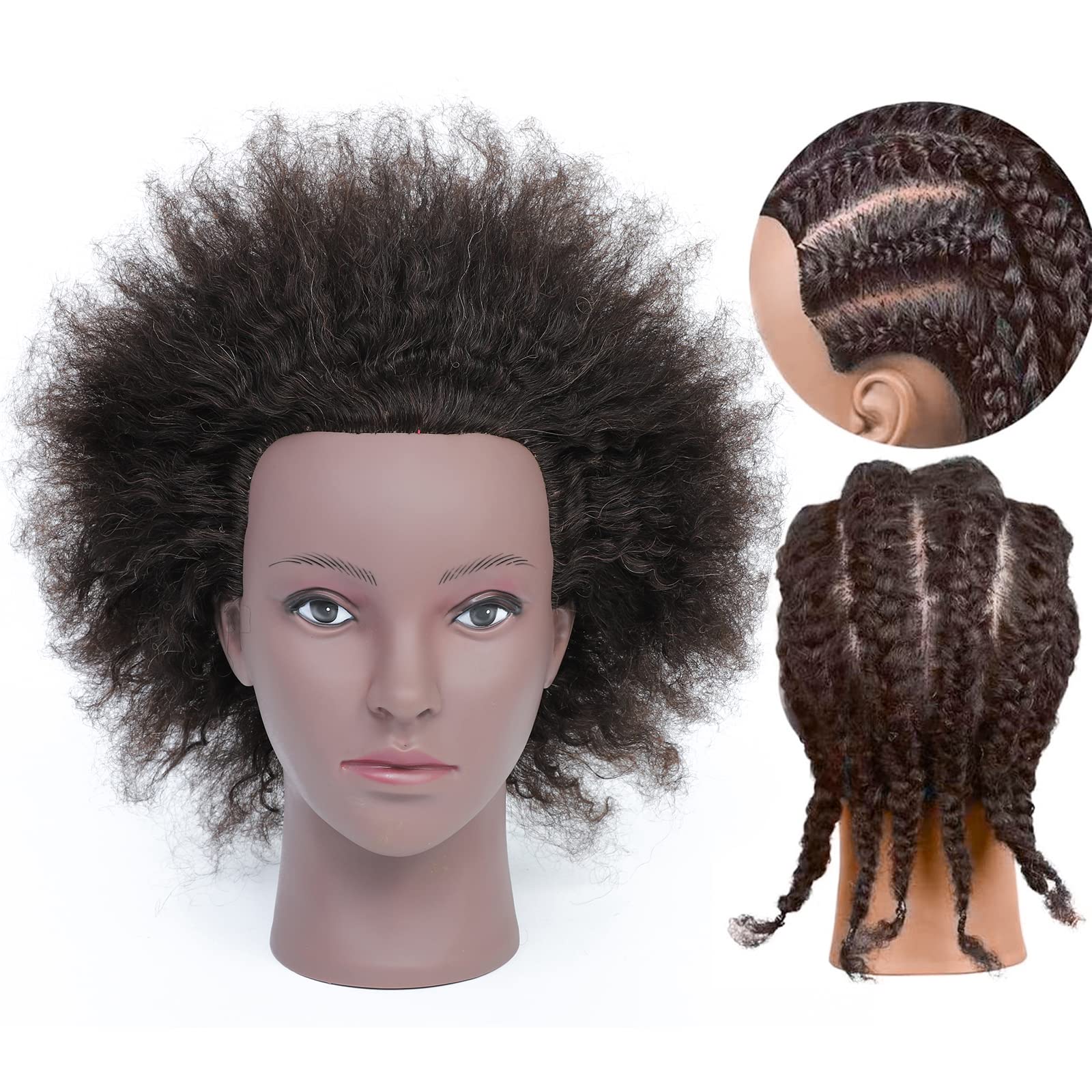 Training Head African American with 100% Human Hair Mannequin Head Cosmetology Afro Hair Manikin Head for Practice Styling Braiding（B#）