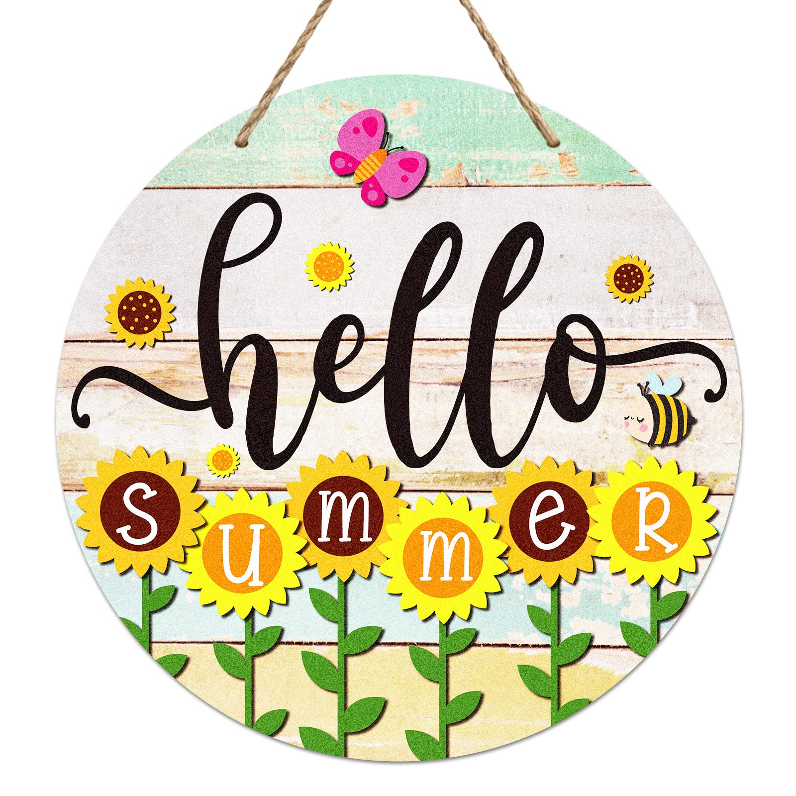 PETCEE Hello Summer Door Sign - 11.5"Farmhouse Sunflower Front Door Decor Welcome Hanger Wreaths for Home Office Summer Hanging Sign Wall Decorations Reusable Seasonal Sign for Kitchen Classroom Porch