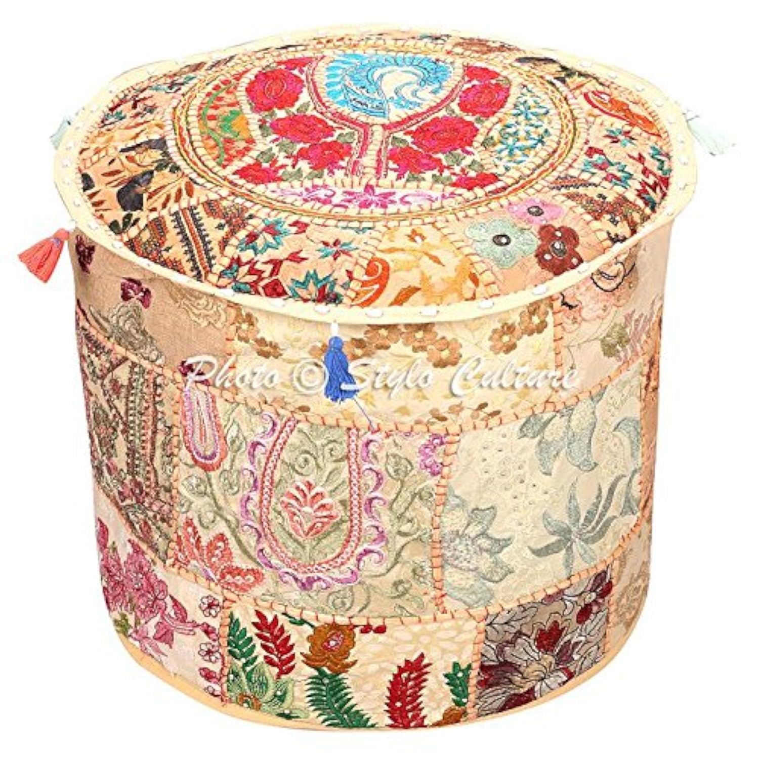 Stylo Culture Round Ottoman Pouffe Large Floor Pouf Cover Beige Indian Embroidered Patchwork Cotton Traditional Pouf Ottoman Cover (22x22x13 Inch) 55cm (COVER ONLY)