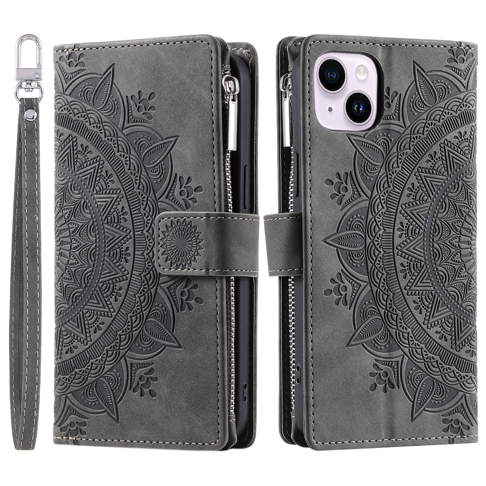 VEEMOS Wallet Case for iPhone 13 Mini Flower Flip Case Protective Leather Folio Book Phone Cover with Card Slots Kickstand Zipper Pocket - Grey