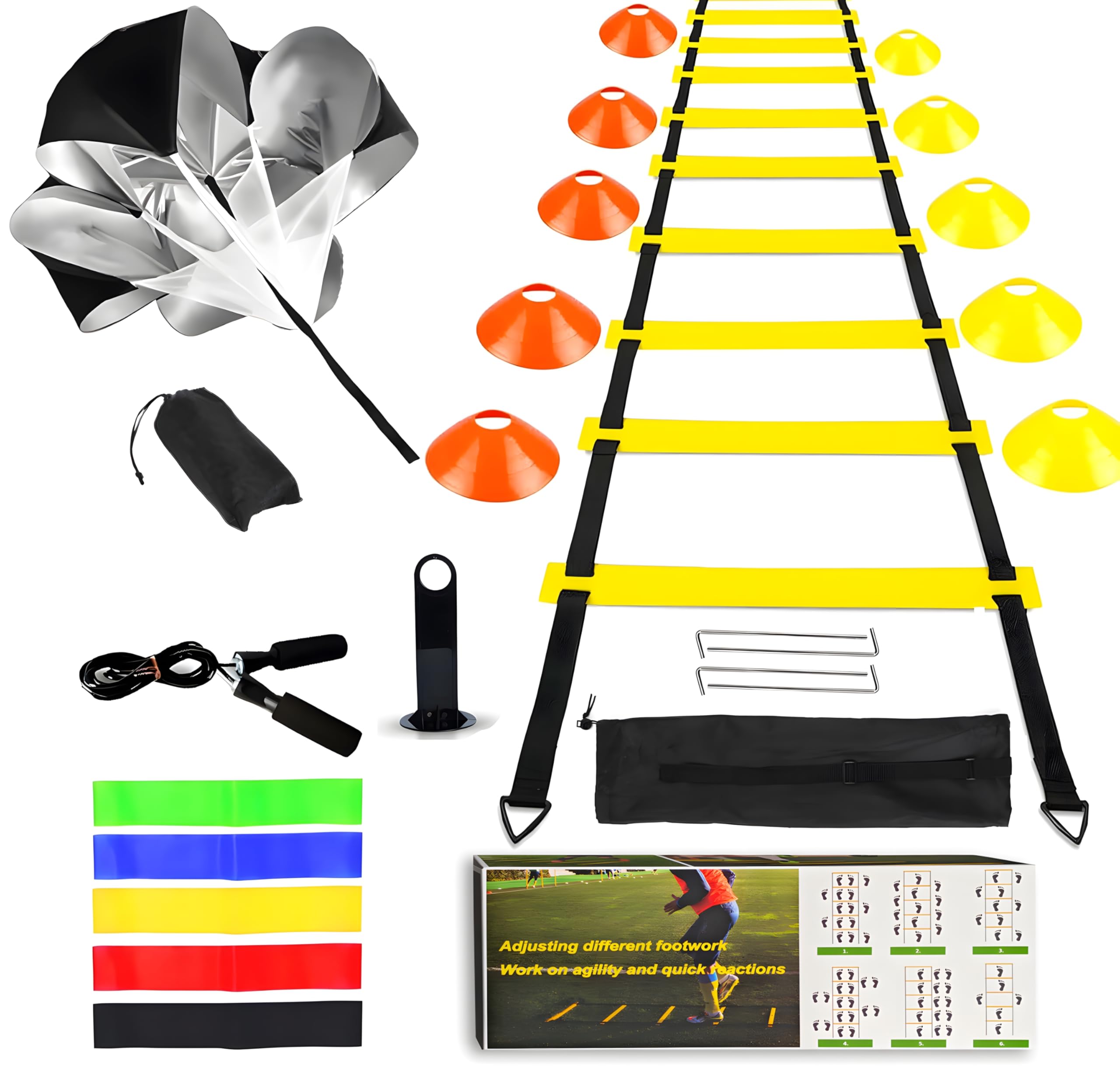 ZTWLEED Football Training Equipment,Speed Agility Training Set,Agility Ladder 12 Rung 6M,10 Disc Cones,1 Skipping Rope,5 Resistance Bands,1 Resistance Parachute & Carry Bag,Football Gifts