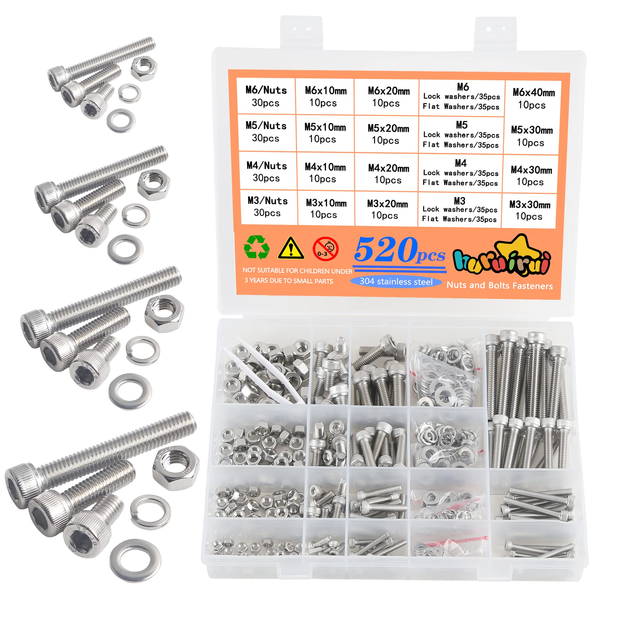 huruirui 520pcs M3 M4 M5 M6 Nuts and Bolts Set 304 Stainless Hex Socket Head Cap Bolts Machine Screws Nuts and Washers Assortment Set Kit for Fepairing Bicycle Furniture Machine Fasteners — image 1