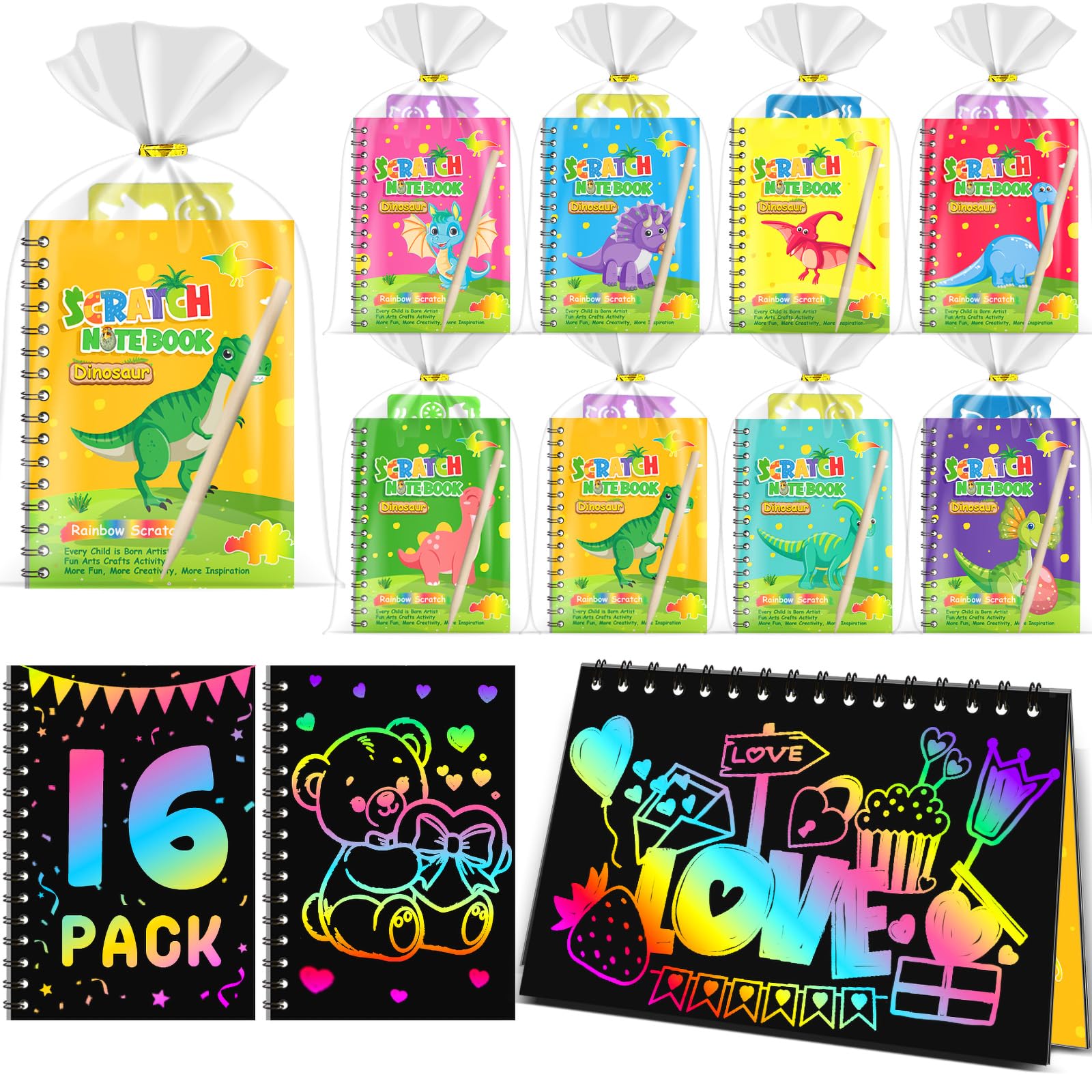 Scratch Art, Party Bag Fillers for Kids - Rainbow Scratch Art, Arts and Crafts, Class Gifts, Birthday Return Gifts for Boys Girls Age 4-9 (16-Pack-Dinos)