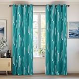 Deconovo Thermal Blackout Curtains 52x84 Turquoise Silver Wave Eyelet 2 Panels