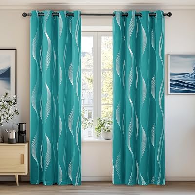 Deconovo Thermal Insulated Curtains Silver Wave Foil 52x72 Turquoise 2 Panels