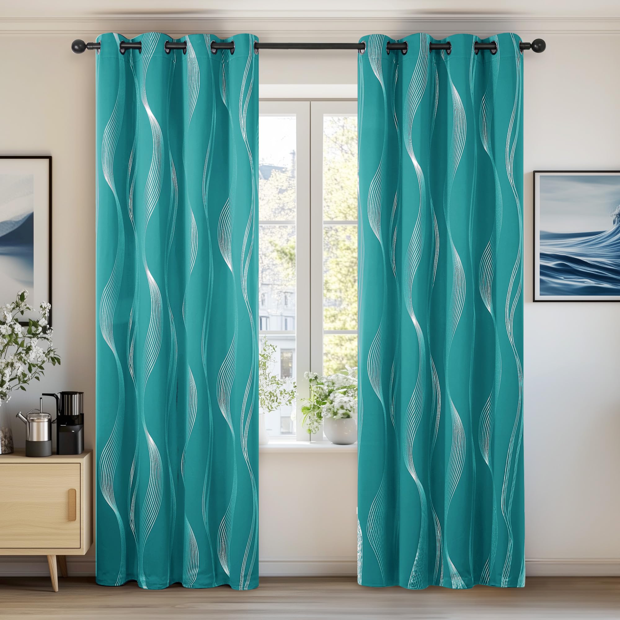 Deconovo Kids Blackout Curtains Noise Reducing Thermal Insulated Silver Wave Line Foil Printed Eyelet Curtains for Bedroom 66x90 Inch Turquoise 2 Panels
