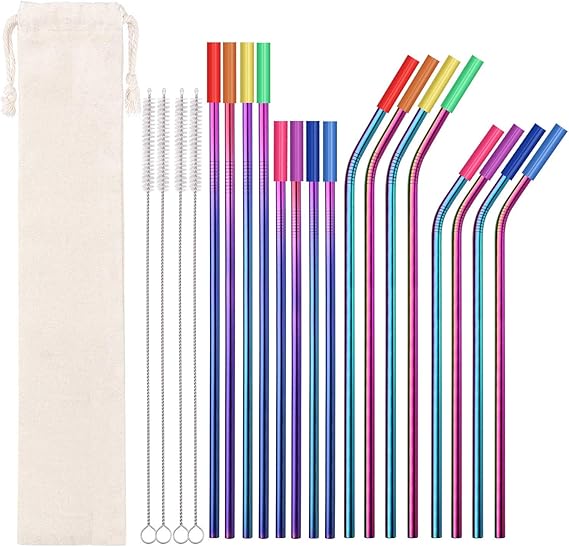 Metal Straws Stainless Steel Straws 16 Pcs 10.5" 8.5" Reusable Drinking Straws