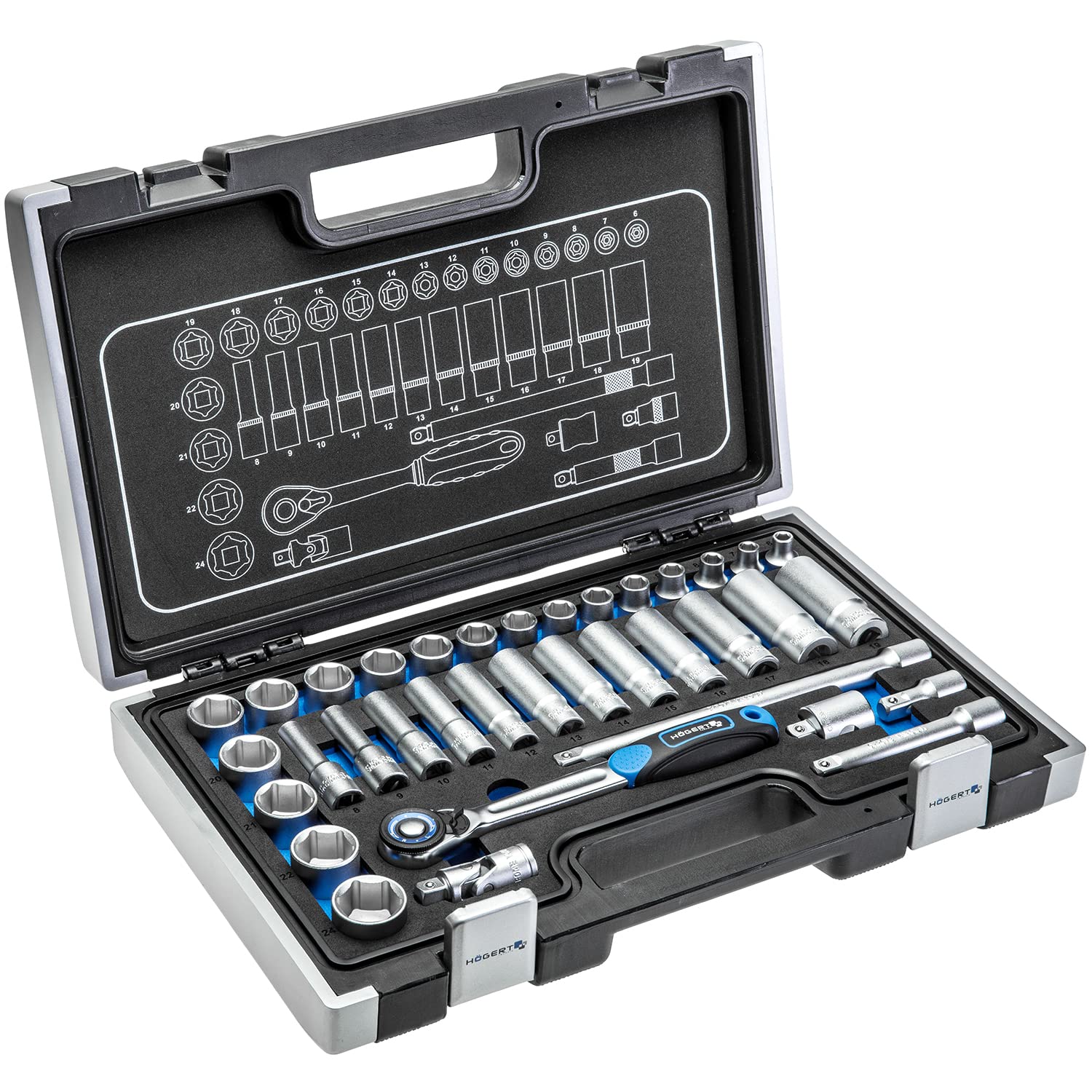 Högert Technik - 36-piece Tool Set Tool case Socket Wrenches, bits and Accessories 3/8" Cr-V, Deformation-Resistant I Ratchet Mechanism with 72 pawls Set for DIY Enthusiasts Garage, Household