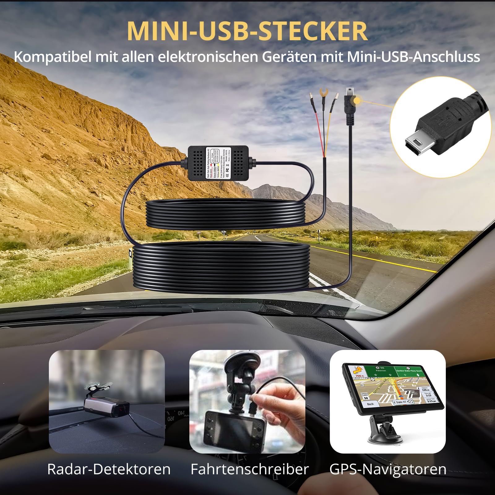 Hardwire Kit Harter Draht Satz für Autokamera Dashcam 11.5ft 12V 24V zu 5V 6