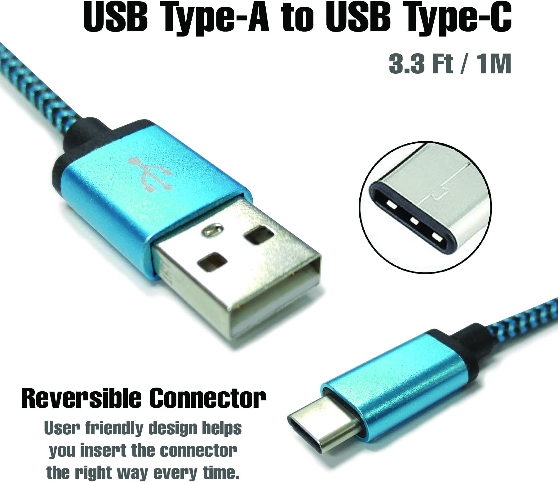 USB Type C Cable, 3.3 Ft (1M) Nylon Braided USB C Cable with Reversible Connector for LG G5, Huawei Nexus 6P, LG Nexus 5X, 12" Macbook, Chromebook Pixel, and Other USB Type C Devices (Blue)