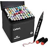 Caliart Markers, 100 Colors Dual Tip Art Markers Sketch Pens Permanent Alcohol Based, with Case for Adults Artists Drawing Illustration Sketching Coloring (Black Barrel)