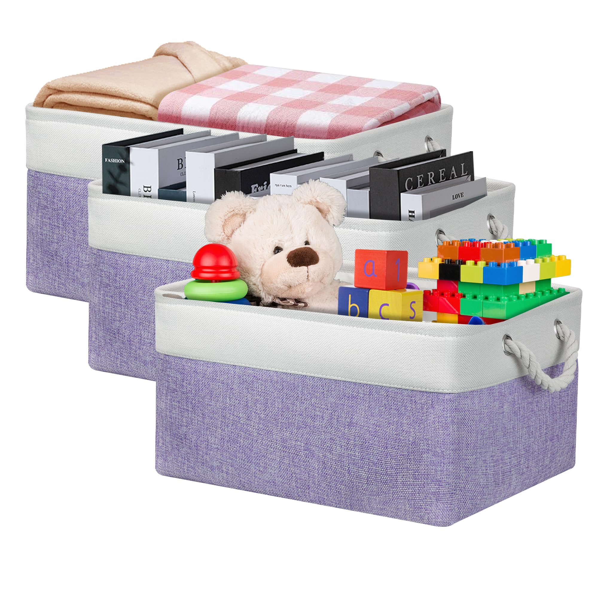 PWVMWM Large Storage Baskets, Rectangular Fabric Storage Box with Handles, Canvas Basket for Clothes Towels Toys Blankets Shoes (41x31x21cm/3 Pack, White Purple)