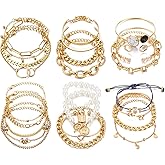 17IF 18-25 PCS(6 Pack) Boho Gold Bracelets Set for Women Stackable Chunky Dainty Bangles Adjustable Chain Flat Cuff Cuban Punk Charm Bundle Jewelry