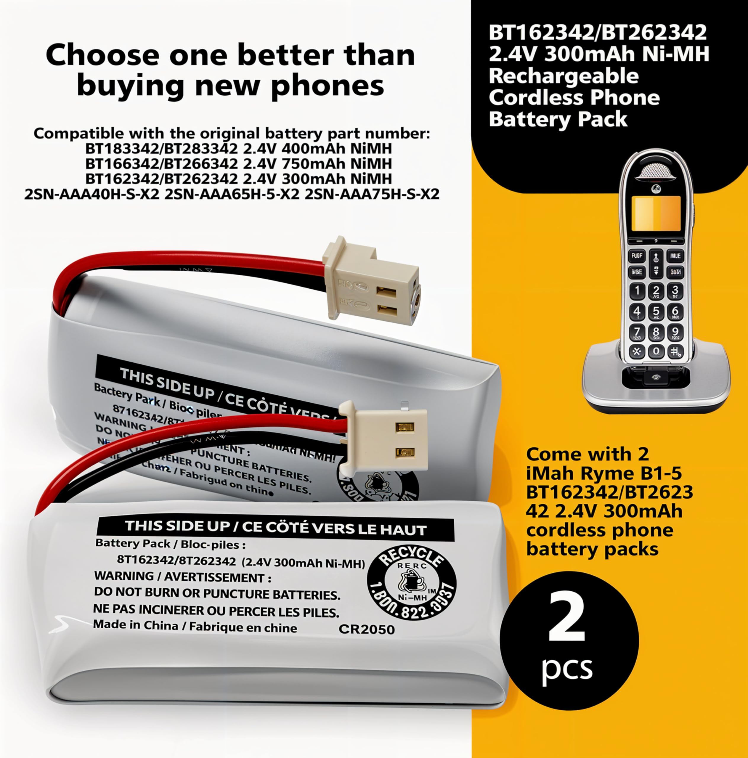 2-Pack BT162342/BT262342 2.4V Battery Packs for VTech Cordless Phone